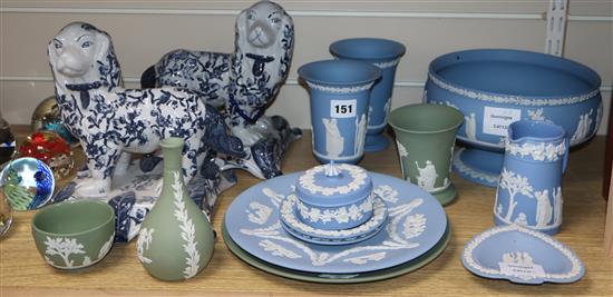 A collection of thirteen pieces of green and pale blue Wedgwood jasper pottery and a pair of ceramic dogs